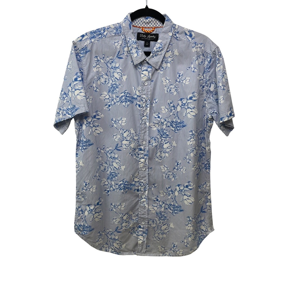 Mens Blue Floral Hawaiian Striped Short Sleeve Button Down Shirt L Camp Vacation